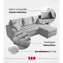 bromarkt Ecksofa LUIS Schlaffunktion Bettkasten L-Form 238x148x88cm Hellgrau - Hellgrau