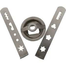 WolfCut Spritzgebäckvorsatz mit 2 Inox Schablonen kompatibel mit Handfleischwolf HFW5, Gebäckaufsatz, Spritzgebäck, 8 Formen, Spritzgebäckaufsatz aus Edelstahl mit Adapterring