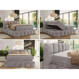 MKS Meble MKS Boxspringbett 180 x 200 mit bettkasten NIRA KING, Polsterbett 7 Zonen Multipocket-Matratze und Topper, Doppelbett - Hellgrau Plüsch - H4 - Hellgrau