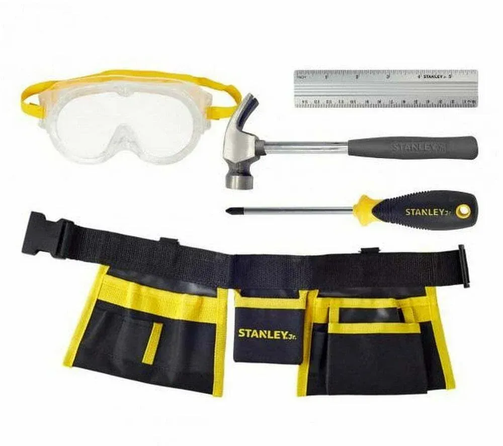 STANLEY Jr. Werkzeuggürtel 5-tlg. Kinder Werkzeugset - verstellbar, gelb/schwarz/rot, Nylon/Kunststoff - ab 5 Jahren, Schutzbrille