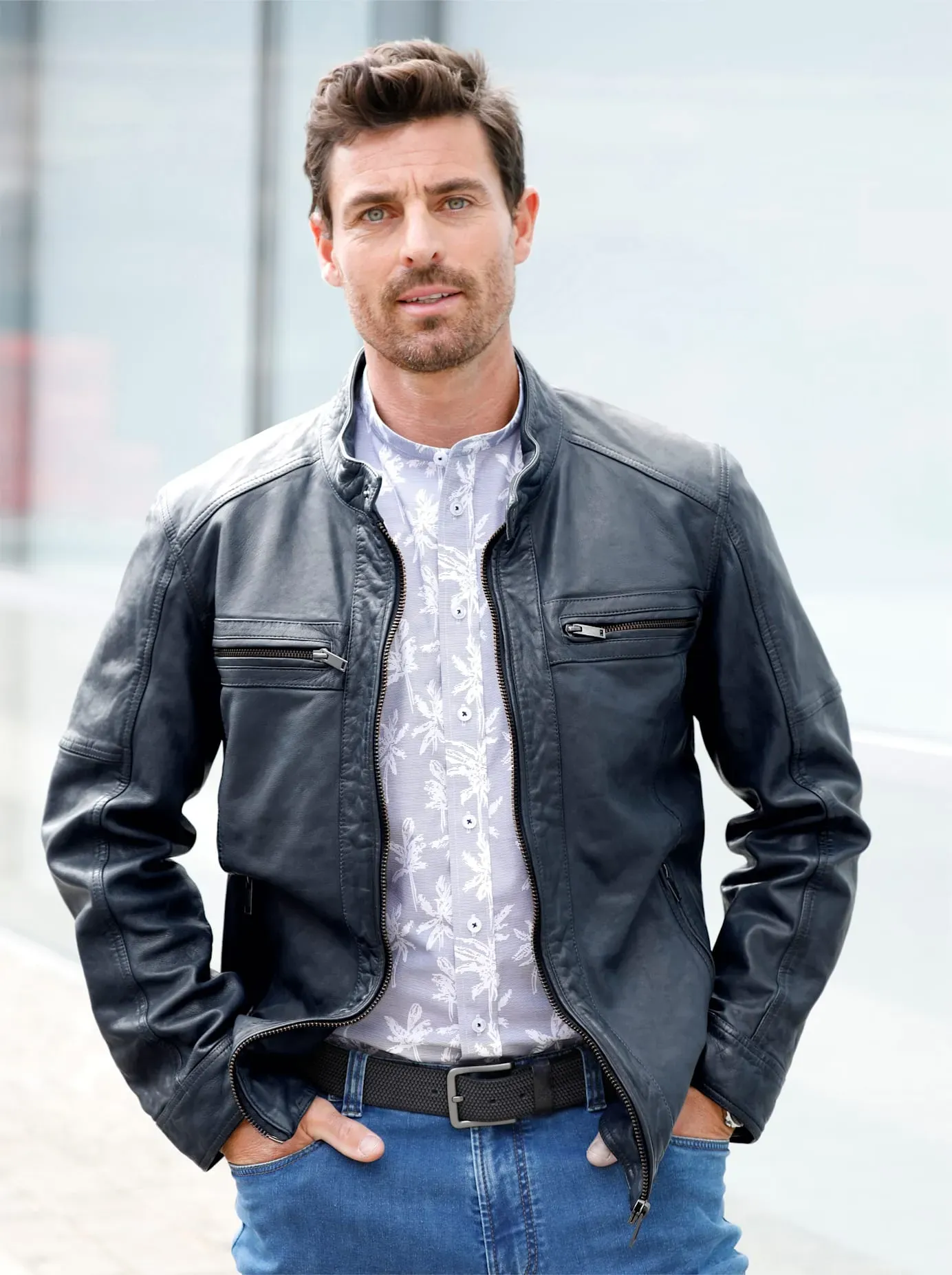 Lederjacke MARCO DONATI, Herren, Gr. 62, blau (rauchblau), 100% Leder, unifarben, Jacken