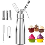 500ml Edelstahl Sahnespender, Sahnesyphon mit 3 Deko-Düsen und 1 Reinigungbürste, Professionelle Sahnesprüher, Auslaufsicher Sahnesiphon für Schlagsahne, Soßen, Desserts, Creme, Mousse, Whip Cream