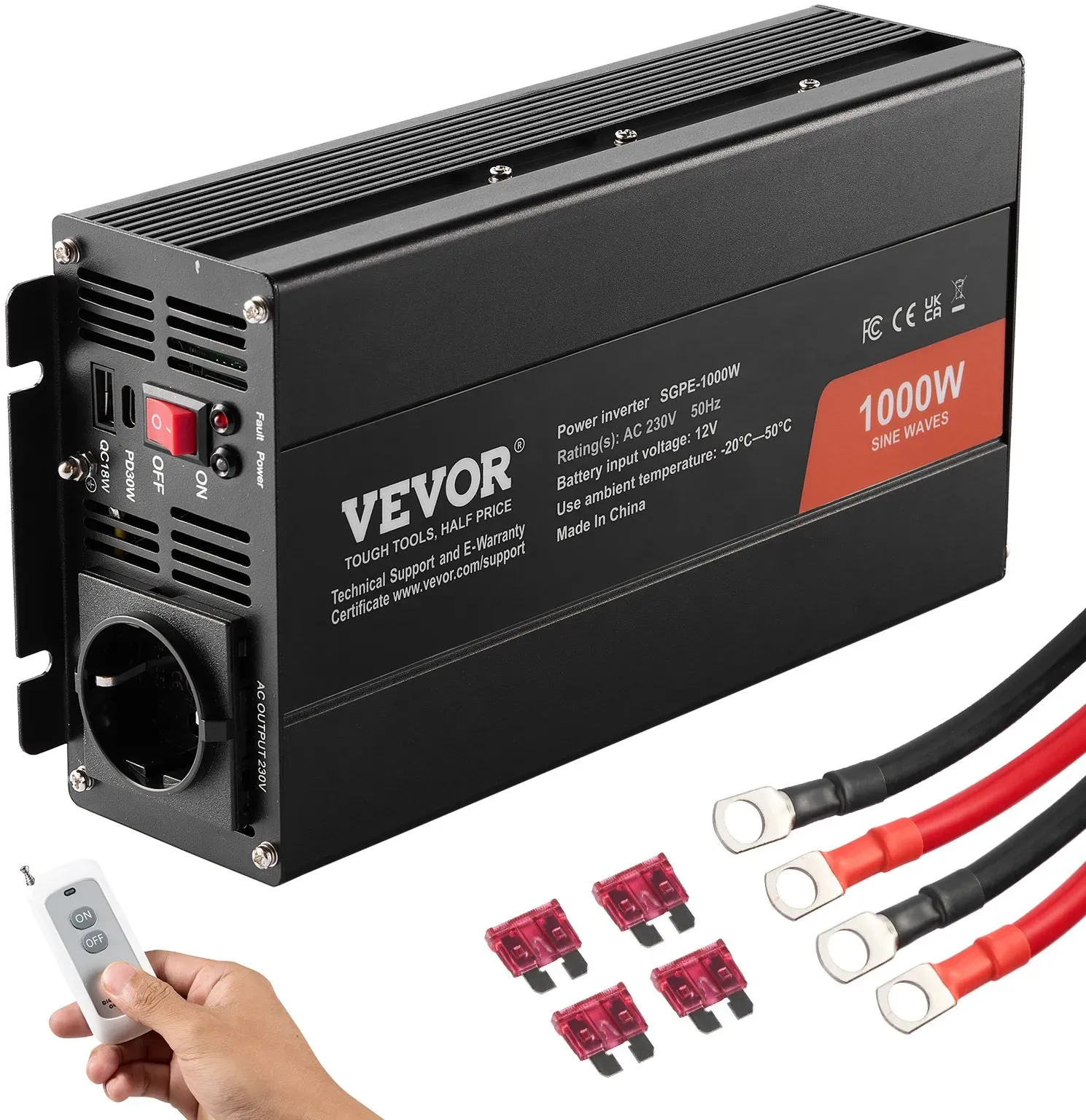 VEVOR Wechselrichter mit reiner Sinuswelle 1000W DC 12V  AC 230V Spannungswandler mit 2 AC-Steckdosen 2 USB-Anschlüssen 1 Typ-C-Anschluss Fernbedienung für kleine Heimgeräte wie Smartphone-Laptop
