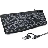 OMOTON Beleuchtete Tastatur, Kabel PC Tastatur, QWERTZ Weiß Beleuchtet mit großem Druck, 2 in 1 USB A/C- Für Senioren, Kinder, Sehbehinderte für Windows mit Multimedia-Tasten