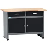 KÜPPER Werkbank Massive Buchenarbeitsplatte 120 cm x 84 cm x 60 cm schwarz 2 Schubladen 2 Türen