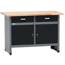 KÜPPER Werkbank Massive Buchenarbeitsplatte 120 cm x 84 cm x 60 cm schwarz 2 Schubladen 2 Türen