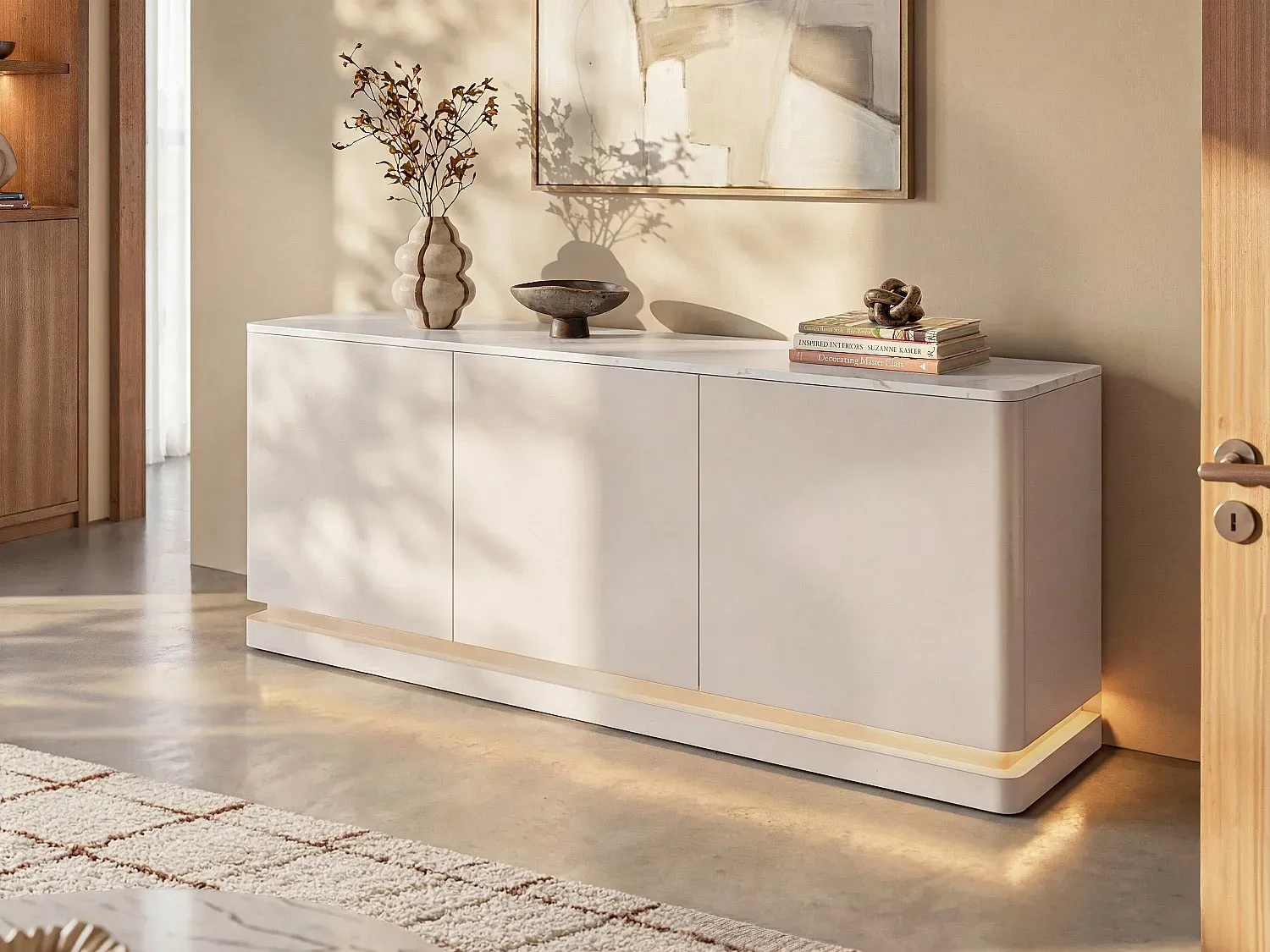Sideboard mit 3 Türen - Mit LED-Beleuchtung - MDF - Beige & weiße Marmor-Optik - DEVIKA