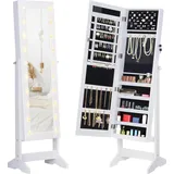 HOMCOM Schmuckschrank Schmuckkoffer Verstellbarer Spiegel 20 LED-Lichter, Holz, Weiß, 40x37x146 cm   Aosom