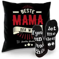 Soreso® Dekokissen Geschenke für Mama - Kissen inkl. Füllung + Lustige Sprüche Socken, Komplettes Geschenke Set, handgefertigtes Kissen schwarz