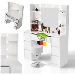 Juskys Schminktisch Malia und Hocker Tonia mit LED-Licht, Helligkeit & Farbtemperatur individuell einstellbar, viel Stauraum & Spiegel – Weiß