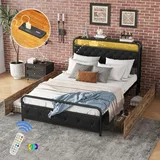 okwish Metallbett Eisenrahmenbett 140 x 200 cm mit Kopfteil mit USB-Ladeanschluss, Stauraumbett Funktionelles mit 4 Schubladen und LED-Beleuchtung(... - Schwarz