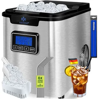 Kesser KESSER® Eiswürfelbereiter Eiswürfelmaschine Edelstahl 150W Ice Maker 12 kg 24 h 3 Würfelgrößen Zubereitung in 6 min 2,2 Liter Wassertank Timer LCD-Display Selbstreinigungsfunktion