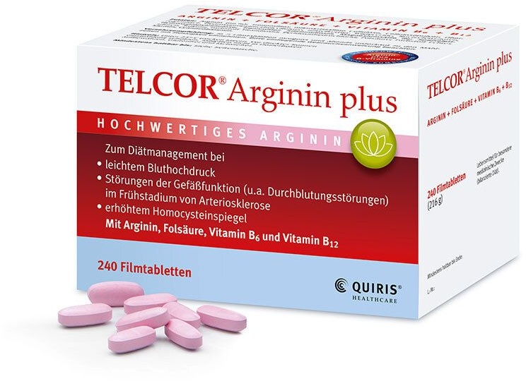 Telcor Arginin plus B-Vitamine zur Unterstützung bei leichtem Bluthochdruck + Durchblutungsstörungen Filmtabletten 240 St 240 St Filmtabletten