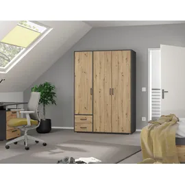 Rauch Drehtürenschrank RAUCH "Kleiderschrank Schrank Garderobe Wäscheschrank VOYAGER", grau (graumetallic, eiche artisan), B:140cm H:194cm T:53cm, Holzwerkstoff, Schränke, Drehtürenschrank, moderne Griffe in Graumetallic mit Außenschubkästen MADE IN GERMANY