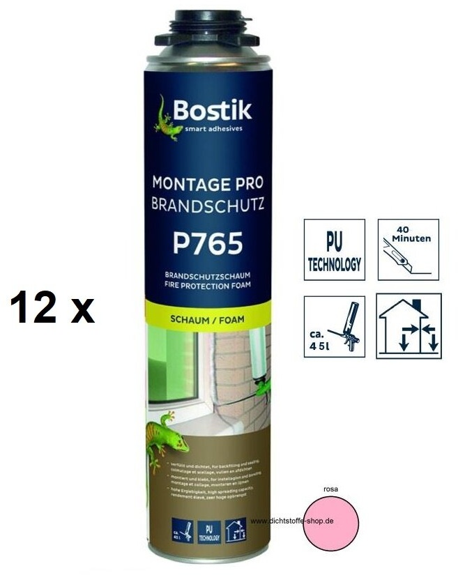 12 x Bostik Montage Pro Brandschutz B1 P765 1K PU-Polyurethan Schaum 750ml NBS Dose rosa