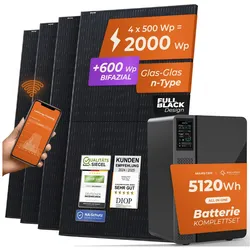 Solarway® All In One Balkonkraftwerk mit Speicher 2000W komplett Steckdose - 5,1 kWh Marstek Jupiter E Speicher - Solaranlage Komplettset - 500W bifaziale Solarmodule & Marstek Speicher