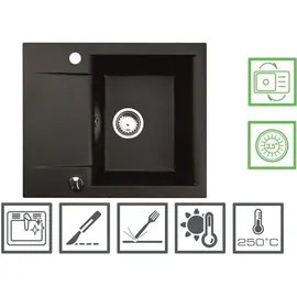 Manestein Spülbecken, Küchenspüle Granit, Einbauspüle, Abtropffläche, Einzelbecken mit Siphon, Graphit - Schwarz Gesprenkelt