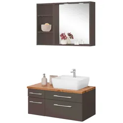 Badmöbel-Set WELLTIME "Davos", grau (grafit, grau), Becken rechts, Kastenmöbel-Sets, mit 2 Touch-LED-Einbauleuchten