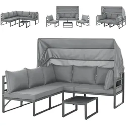 SVITA MAUI Gartenmöbel-Lounge-Set mit Dach Outdoor-Sofa Strandkorb-Sonneninsel Stahl Hellgrau