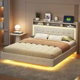 Flieks Polsterbett 160x200cm mit USB und LED, Doppelbett mit Lattenrost, Jugendbett Holzbett mit Ablage, Klassisches Bett, Leinen, Beige - Beige