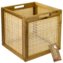 HMF Aufbewahrungskorb passend für Kallax Regale, Korb aus Rattan mit Wiener Geflecht und Akazienholz, Muster 3, 32 x 34 x 32 cm