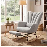 SONGMICS Schaukelsessel Schaukelstuhl, Relaxsessel, ausziehbare Fußstütze, für Schlafzimmer, abnehmbares Kissen, Seitentaschen, Holzbeine, Fleece grau