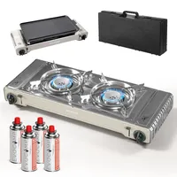 Gaskocher 2-flammig, Campingkocher mit Grillplatte, Gasherd mit Tragekoffer & Piezozündung, Doppelgaskocher für Gaskartuschen MSF-1A, Outdoor Campingkocher, 2x2,2 kW Leistung, mit 4 Gaskartuschen 227g