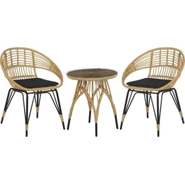 Beliani Balkonset Hellbraun Rattan Schwarzes Metall-Gestell Tisch mit 2 Sessel mit Sitzkissen Schwarz Terrasse Ausstattung Möbel Boho - Beige/Schwarz