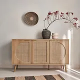 sweeek - Skandinavisches Sideboard mit Holzdekor, und abgerundetem Rohrgeflecht 1 Tür 80cm,