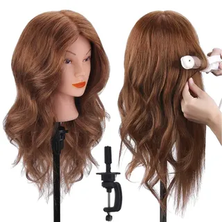 Frisierkopf Echthaar, TopDirect 18 Zoll 45 cm Übungskopf 100% Echthaar Cosmetology Mannequin Puppenkopf mit Klemme + DIY Haare Frisuren Set, Hellbraun