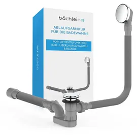 Bächlein Ablaufgarnitur Pop Up für die Badewanne, Pop Up Funktion inkl. Siebeinsatz für einen sauberen Wannenablauf, Komplettset inkl. flexiblem Überlauf, Überlaufblende & Siphon