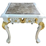 Casa Padrino Barock Beistelltisch Weiß / Gold / Grau - Handgefertigter Massivholz Tisch mit Marmorplatte - Barock Möbel