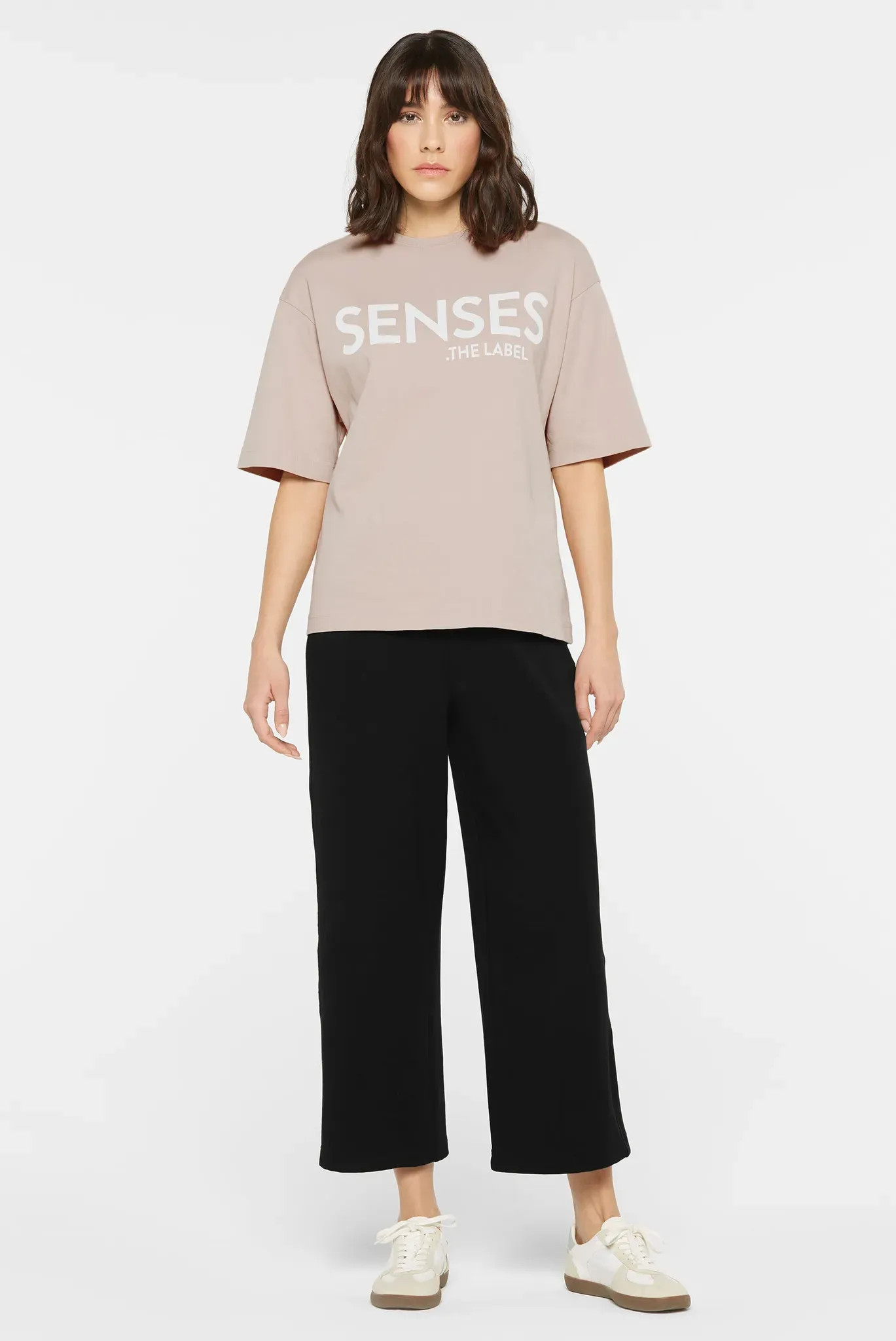 Rundhalsshirt SENSES.THE LABEL, Damen, Gr. XS, beige (bleached sand), Single Jersey, Material: 100% Baumwolle, bedruckt, oversize normal, Rundhals, eingesetzt gerader Abschluss, Shirts Rundhalsshirt, aus Baumwolle