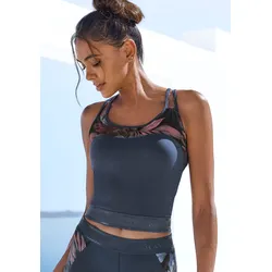 Crop-Top, Sporttop mit floralem Einsatz und Racerback, Gr. L (44/46), dunkelblau, , 78867213-L