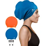 Reymand 2 Pack Extra Große Badekappe Damen Herren für Zöpfe und Dreadlocks,Silikon Schwimmkappe für langes Haar,Extensions,Locken und Afros,Badehaube Bademütze für Erwachsene (Orange + Marineblau)