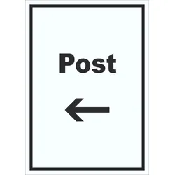 Post Schild mit Text und Richtungspfeil links Annahme Brief Paket hochkant A0 (841x1189mm)