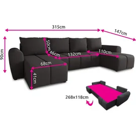 Sofnet Wohnlandschaft Cleo U mit Schlaffunktion - U-Form Couch, Ecksofa mit Bettkasten, Couchgranitur mit Bettfunktion, Polsterecke, Big Sofa (Schwarz (Soro 100))