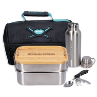 Toolbrothers Fan Lunchpaket in Makita Kühltasche mit Edelstahl Brotdose 2 Etagen Bambus Deckel 1340 ml + Edelstahl Trinkflasche 500 ml + 4 in 1 Multifunktions Besteck