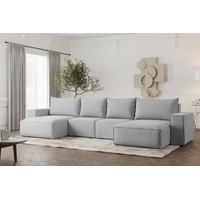 Fun Möbel Wohnlandschaft Sofa U-Form ESTELLE mit Schlaffunktion in Stoff, inkl. Bettkasten, Rücken echt bezogen grau