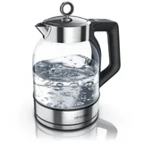 Arendo Wasserkocher 2000 W, 360° Basis, Warmhaltefunktion, Edelstahl Glas, mit Temperatureinstellung, Silber