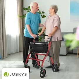 Juskys Aluminium Wohnungsrollator Aktiv mit Tasche und Tablett schmal faltbar rot