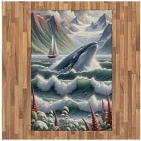 Teppich Flachgewebe Deko-Teppiche für das Wohn-,Schlaf-, und Essenszimmer, Abakuhaus, rechteckig, Nautisch Wal, Berge und Boot blau|grün 120 cm x 180 cm