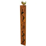 Gartendekoshop24 – Gartendeko Rost Säule, 100 cm, dreieckig, mit Edelstahlkugel und Muster. Garten Säule Rost, handgemacht in Bayern, für draußen. Dekorative Rost Säule mit Muster und Kugel.