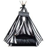 Sport Tent Haustier Hause Hunde Tipi Zelt mit Spitze für Hunde Welpen Katzen, Hundebett Katzenbett Hundehaus mit abnehmbarem und waschbarem Kissen, Schwarzweiss-Streifen (M (Unter 7KG), mit Kissen)