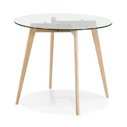 **Runder Esstisch aus Glas mit Massiv Eichenholz Beinen | Transparente Glasplatte Esszimmertisch | Modern Minimalistisch Stil | Kadima Design