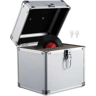 Trintion Schallplatten Aufbewahrung 50 LP Plattenkoffer Schallplattenkoffer Tragbarer Abschließbarer Vinyl Koffer für 7-Zoll Schallplatten Schutzbox mit Transportfunktion Record Case Silber