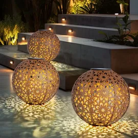 Expo Börse Solarleuchte für Außen Kugel Solar Gartendeko Solarlampe rost Erdspieß, Blumen Dekorstanzungen, Metall, LED warmweiß, D 20 cm, 2er Set