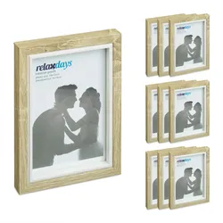 Relaxdays Bilderrahmen 10er Set, 10x15cm, Hoch- & Querformat, Rahmen zum Aufhängen, Hinstellen, Passepartout, braun/weiß