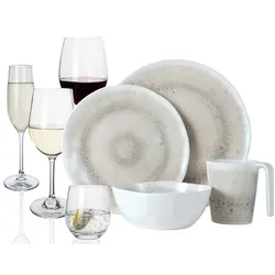 Moritz Melamin Camping Geschirr Set 4 Personen Amboss Design 16 Teilig + 16 Gläser Wasser Weingläser Champagner Tafelgeschirr Picknick BBQ Kochgeschirr