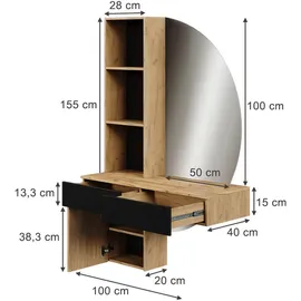 Vicco Schminktisch Melora, Eiche/Schwarz, 100 cm mit LED-Spiegel (100 x 40 x 155 cm)